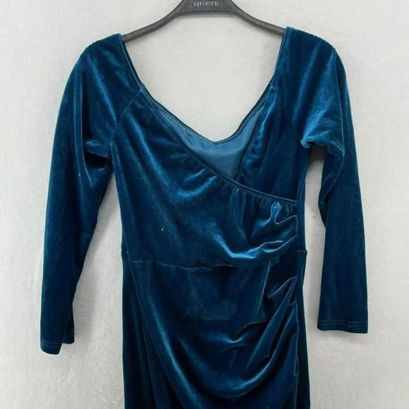 Shein Dress Womens Sz 6 Teal V-Neck Bodycon Stretch Pullover Velvet Faux Wrap - Picture 6 of 12
